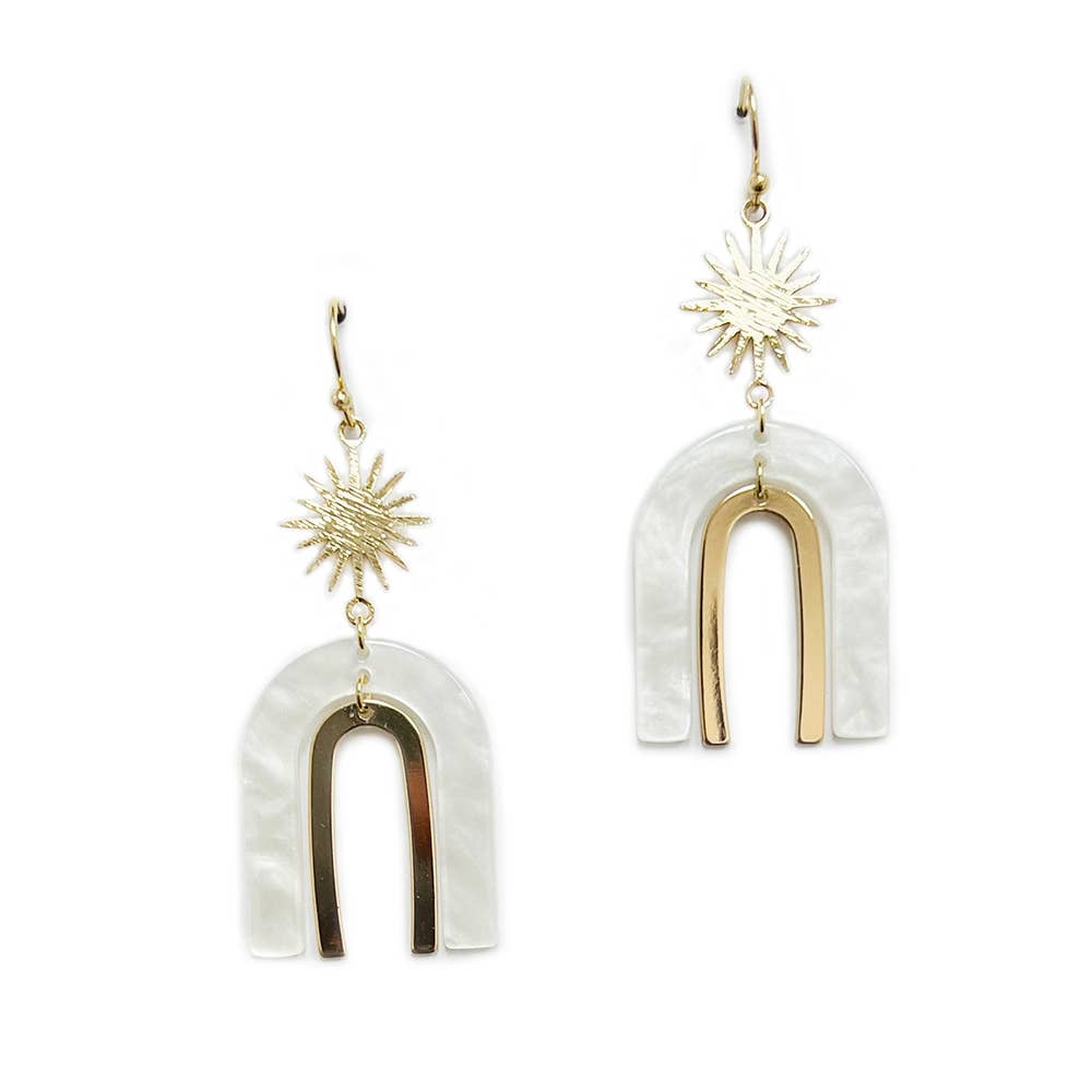 Sunburst Metal Top with Acetate Arch Boho Dangle Earrings
