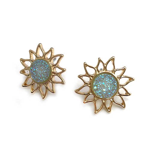Resin Druzy Stone Sunburst Button Post Boho Vibe Earring