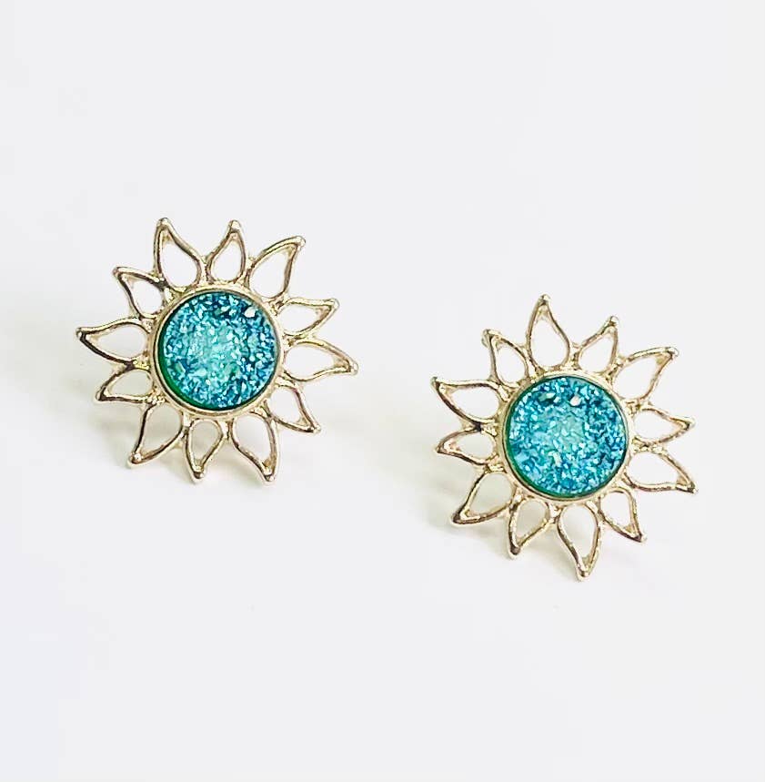 Resin Druzy Stone Sunburst Button Post Boho Vibe Earring