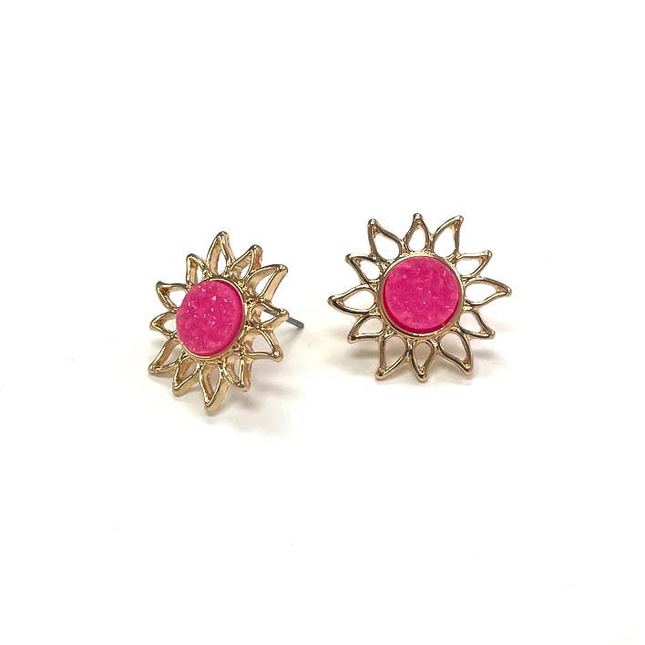 Resin Druzy Stone Sunburst Button Post Boho Vibe Earring